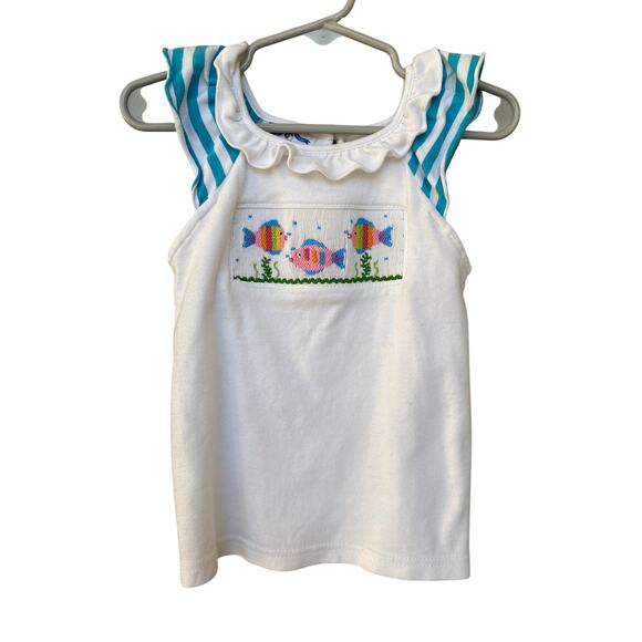 Silly Goose Smocked Fish Ruffle White with Aqua Size 3 Top - Picture 1 of 6